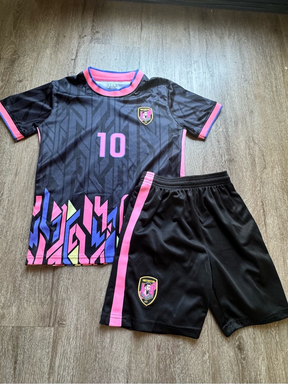 Kids Messi Jersey Black and Pink Soccer Jersey & Shorts Set - Number 10